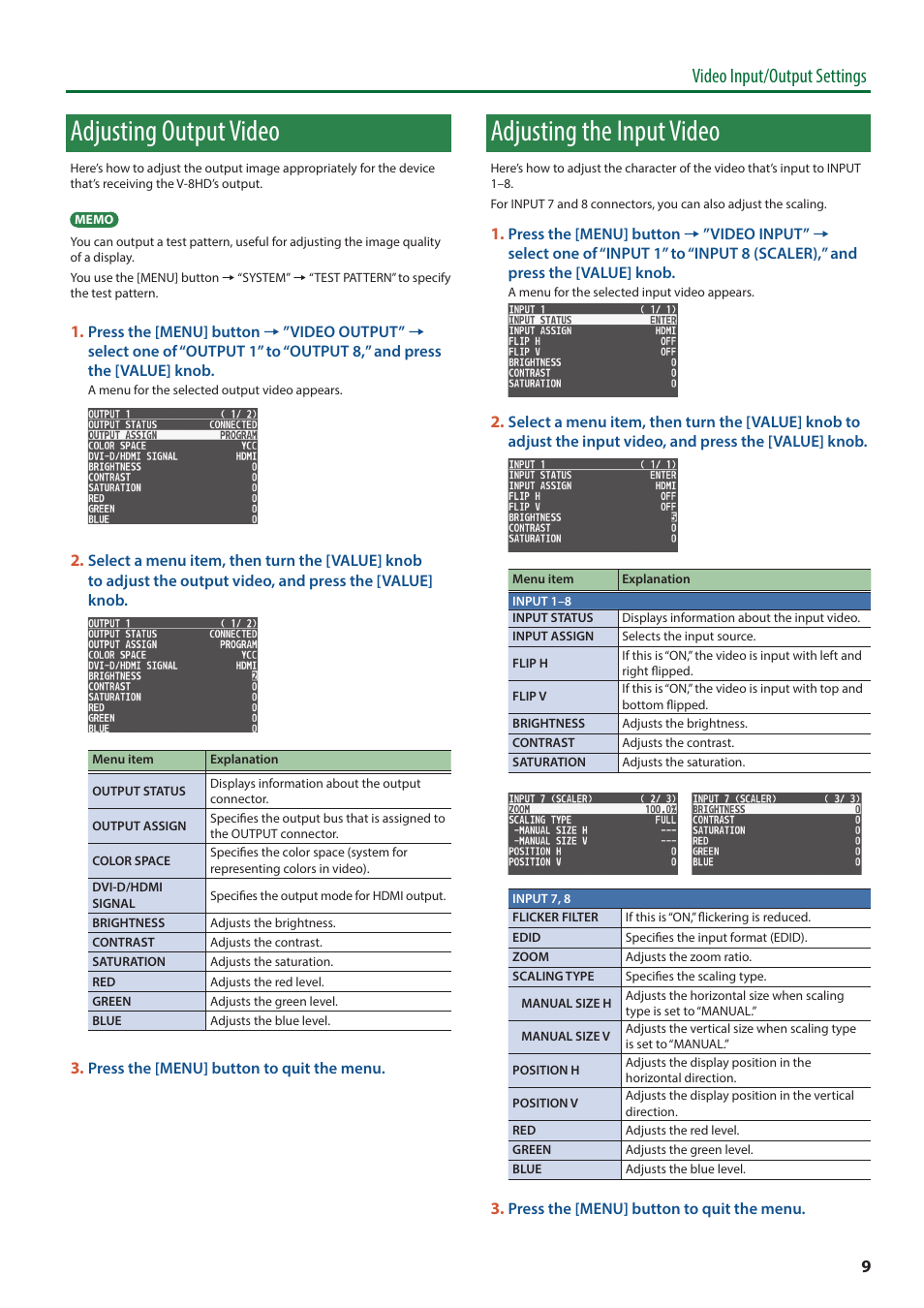 Adjusting output video, Adjusting the input video, Video input/output settings | Roland V-8HD HDMI Video Switcher User Manual | Page 9 / 90