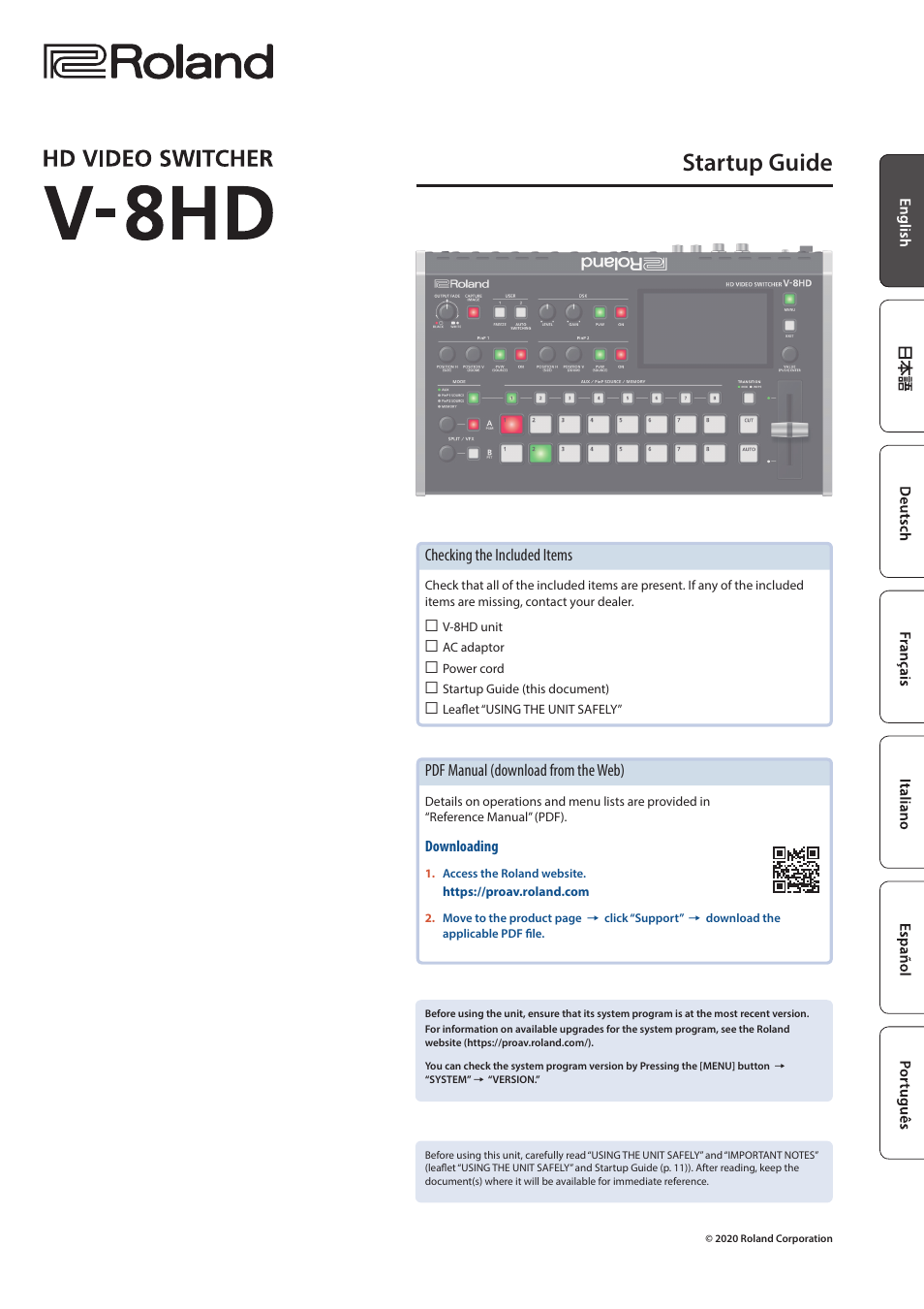 Roland V-8HD HDMI Video Switcher User Manual | 12 pages