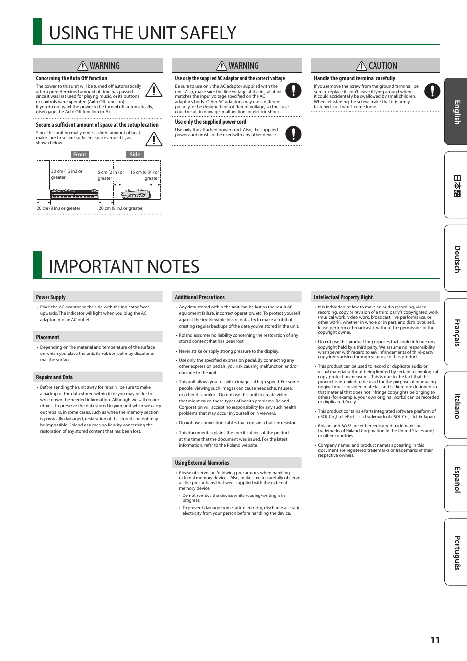 Using the unit safely, Important notes, Warning | Caution | Roland V-8HD HDMI Video Switcher User Manual | Page 11 / 12