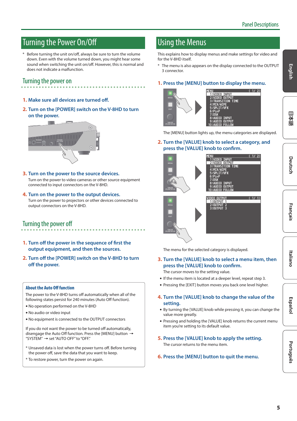 Turning the power on/off, Using the menus, Turning the power on | Turning the power off, Panel descriptions | Roland V-8HD HDMI Video Switcher User Manual | Page 5 / 12