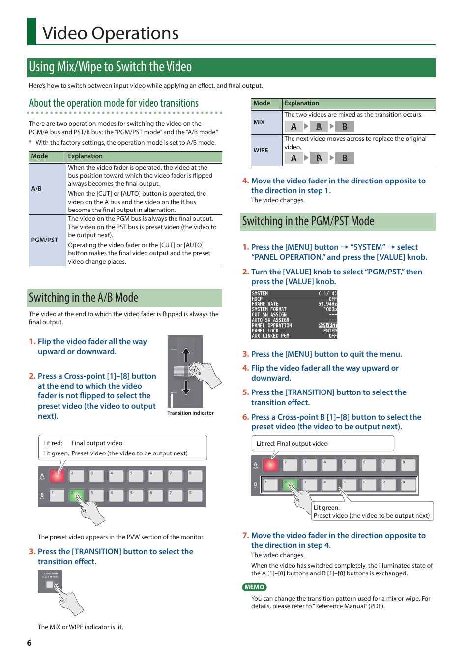 Video operations, Using mix/wipe to switch the video, Switching in the a/b mode | Switching in the pgm/pst mode, About the operation mode for video transitions | Roland V-8HD HDMI Video Switcher User Manual | Page 6 / 12