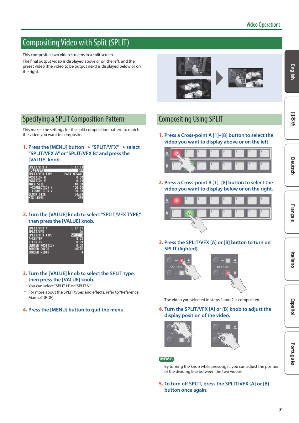 Compositing video with split (split), Specifying a split composition pattern, Compositing using split | Video operations | Roland V-8HD HDMI Video Switcher User Manual | Page 7 / 12