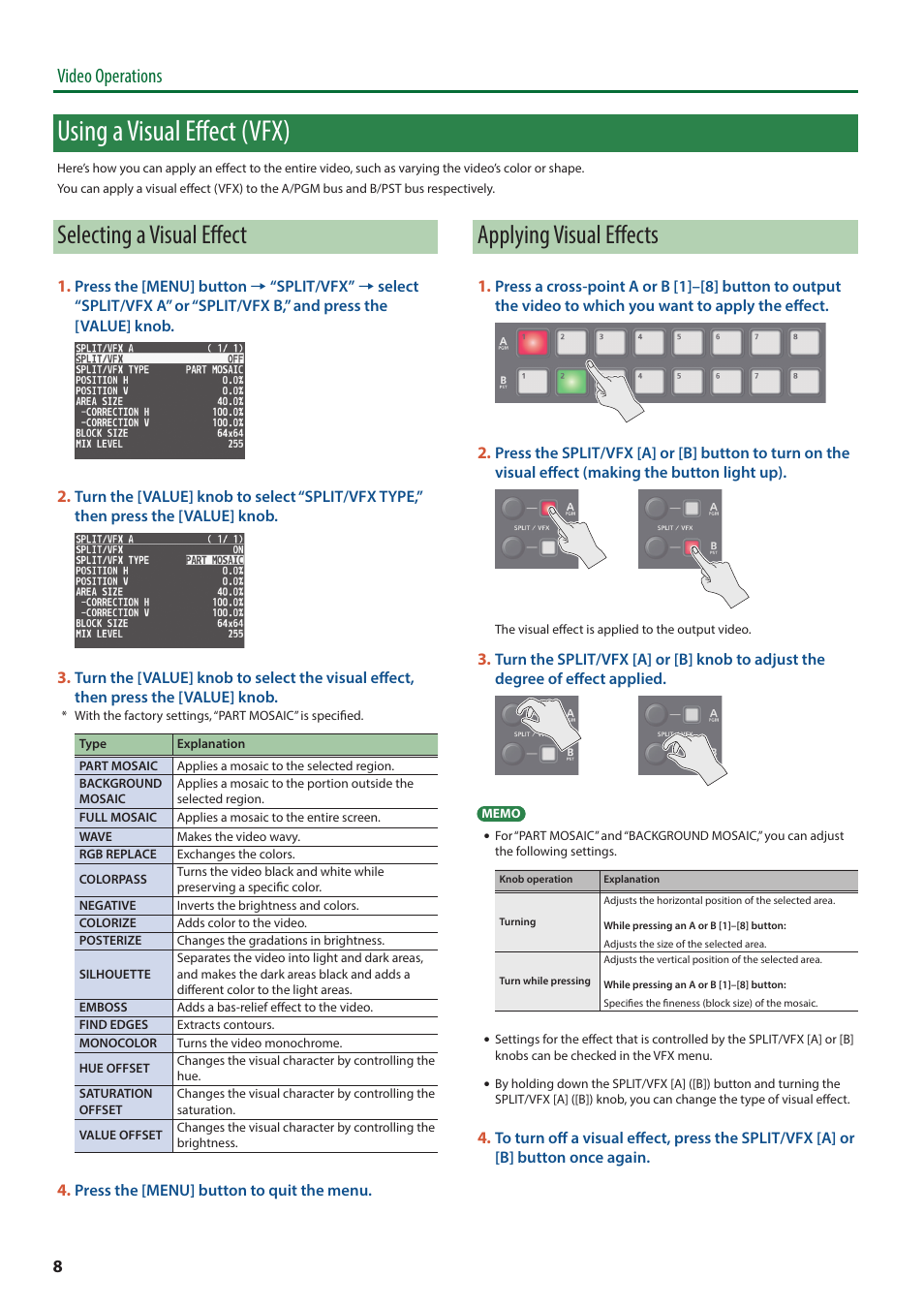 Using a visual effect (vfx), Selecting a visual effect, Applying visual effects | Video operations | Roland V-8HD HDMI Video Switcher User Manual | Page 8 / 12