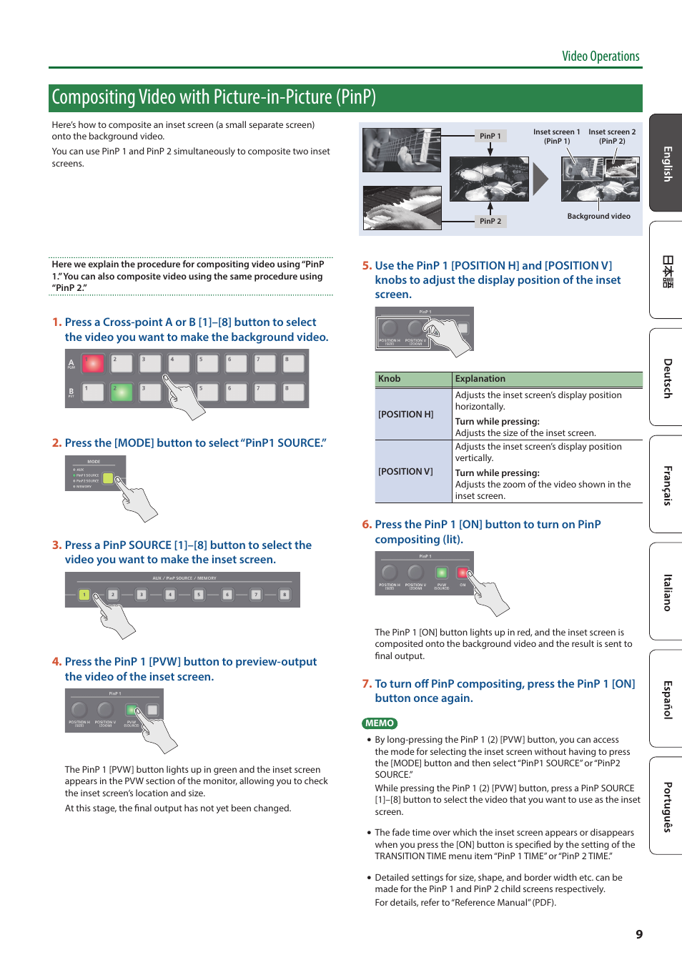 Compositing video with picture-in-picture (pinp), Video operations | Roland V-8HD HDMI Video Switcher User Manual | Page 9 / 12