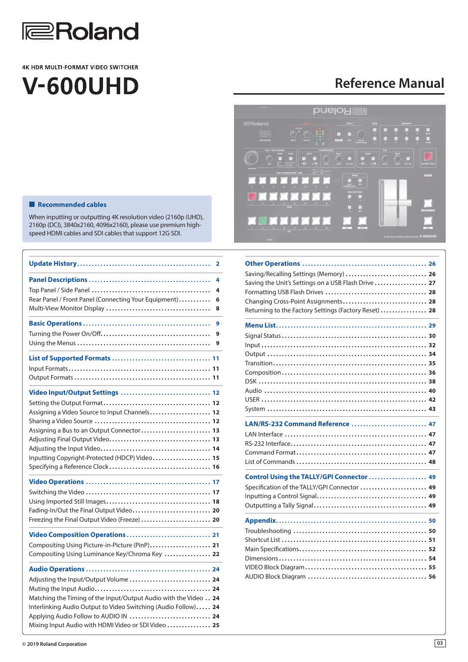 Roland V-600UHD 4K HDR Multi-Format Video Switcher User Manual | 56 pages