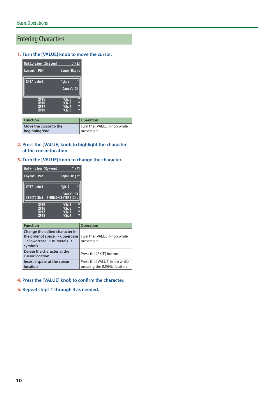 Ing “entering characters” (p. 10), Entering characters, Basic operations | Roland V-600UHD 4K HDR Multi-Format Video Switcher User Manual | Page 10 / 56