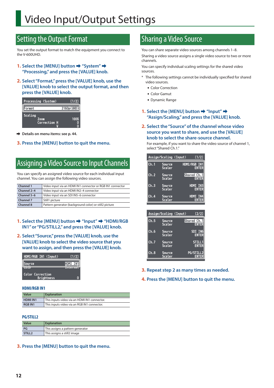 Video input/output settings, Setting the output format, Assigning a video source to input channels | Sharing a video source | Roland V-600UHD 4K HDR Multi-Format Video Switcher User Manual | Page 12 / 56