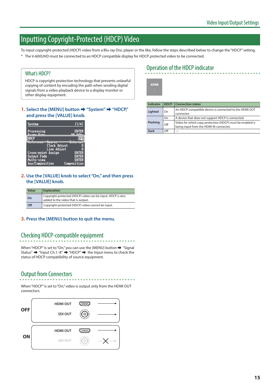 Inputting copyright-protected (hdcp) video, Checking hdcp-compatible equipment, Output from connectors | Operation of the hdcp indicator, Video input/output settings, What’s hdcp | Roland V-600UHD 4K HDR Multi-Format Video Switcher User Manual | Page 15 / 56