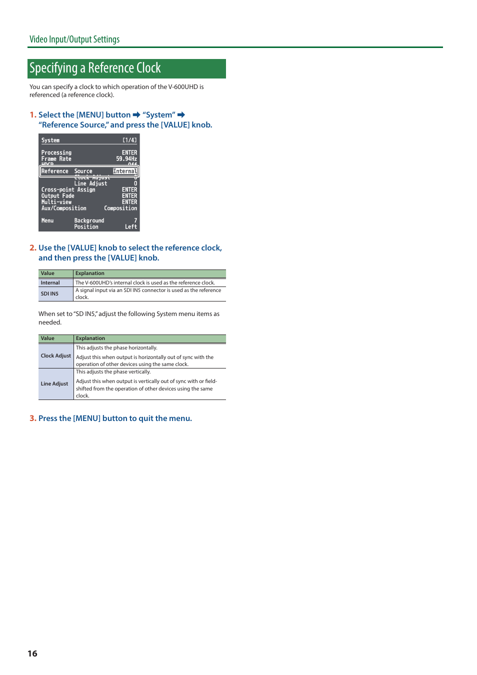 Specifying a reference clock, Video input/output settings | Roland V-600UHD 4K HDR Multi-Format Video Switcher User Manual | Page 16 / 56