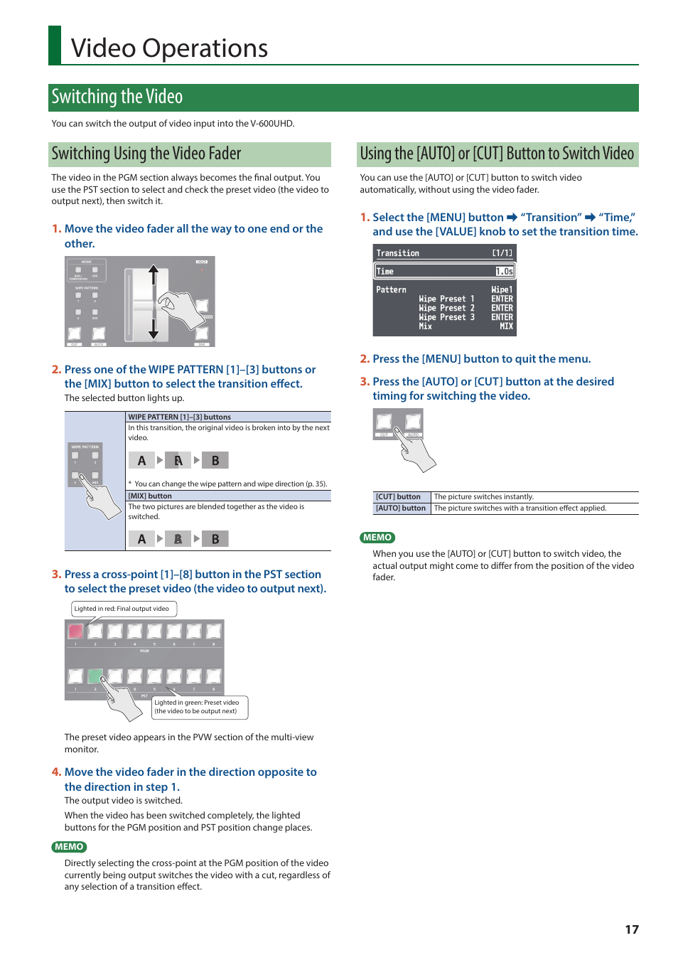 Video operations, Switching the video, Switching using the video fader | Using the [auto] or [cut] button to switch video | Roland V-600UHD 4K HDR Multi-Format Video Switcher User Manual | Page 17 / 56