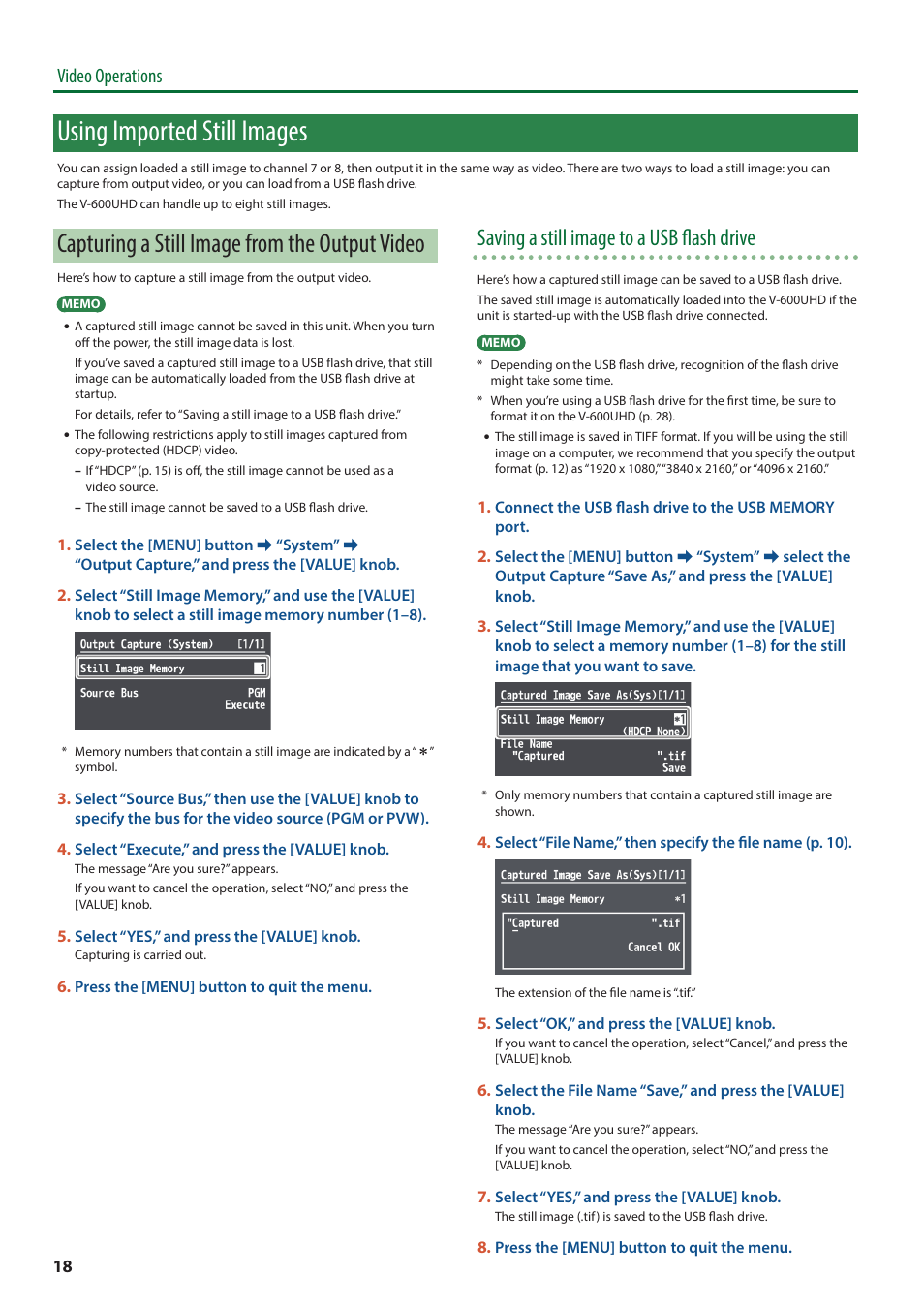 Using imported still images, Capturing a still image from the output video, Saving a still image to a usb flash drive | Video operations | Roland V-600UHD 4K HDR Multi-Format Video Switcher User Manual | Page 18 / 56