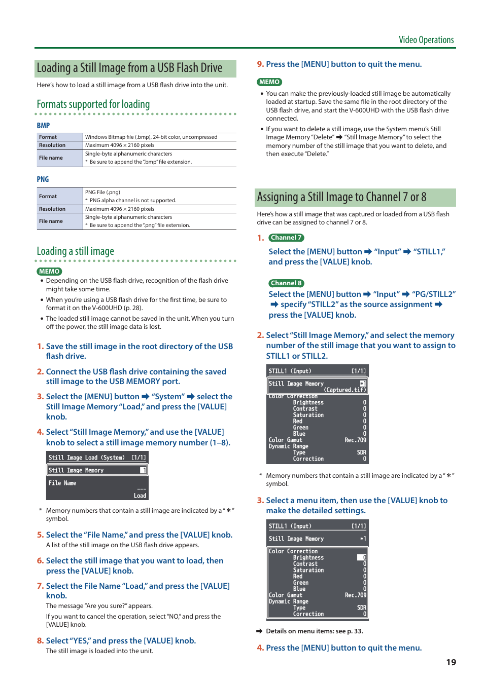 Loading a still image from a usb flash drive, Assigning a still image to channel 7 or 8, Formats supported for loading | Loading a still image, Video operations | Roland V-600UHD 4K HDR Multi-Format Video Switcher User Manual | Page 19 / 56