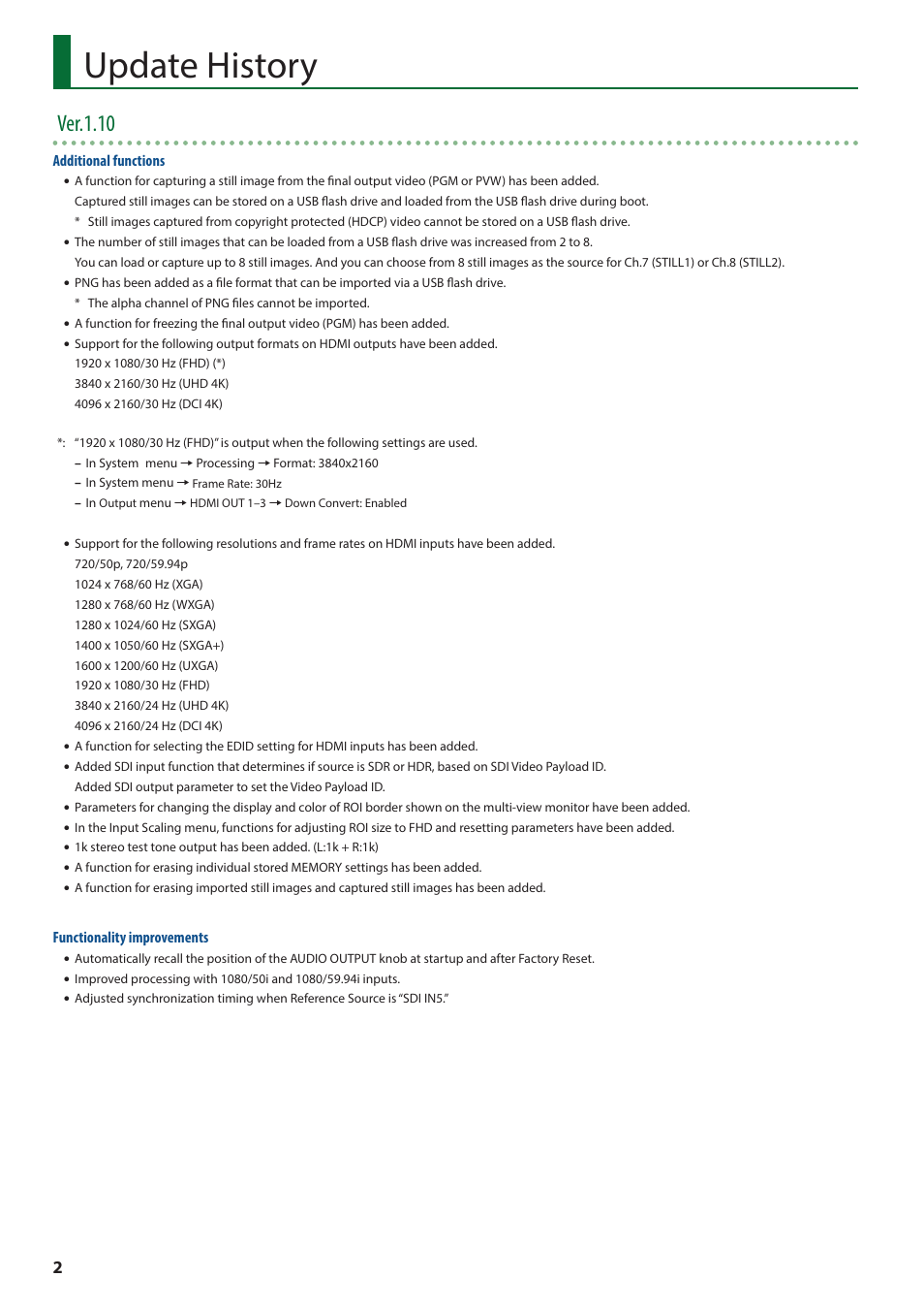 Update history, Ver.1.10 | Roland V-600UHD 4K HDR Multi-Format Video Switcher User Manual | Page 2 / 56