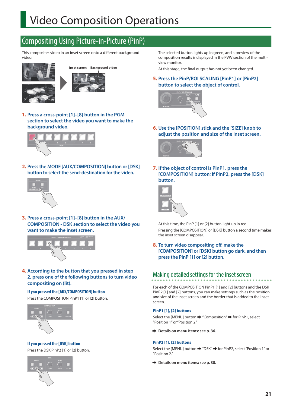 Video composition operations, Compositing using picture-in-picture (pinp), Making detailed settings for the inset screen | Roland V-600UHD 4K HDR Multi-Format Video Switcher User Manual | Page 21 / 56