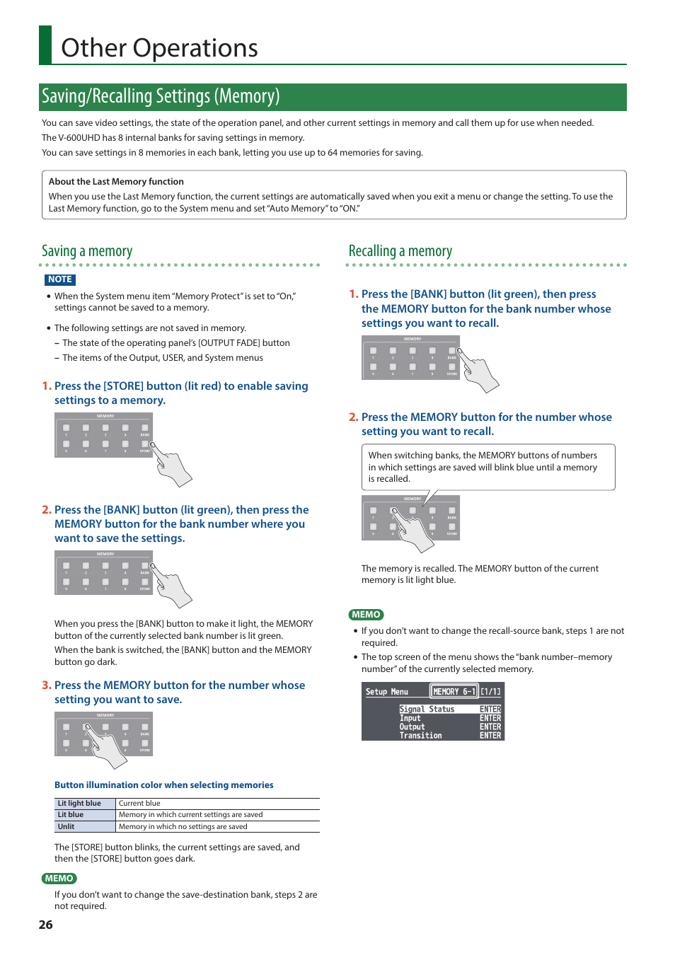 Other operations, Saving/recalling settings (memory) | Roland V-600UHD 4K HDR Multi-Format Video Switcher User Manual | Page 26 / 56