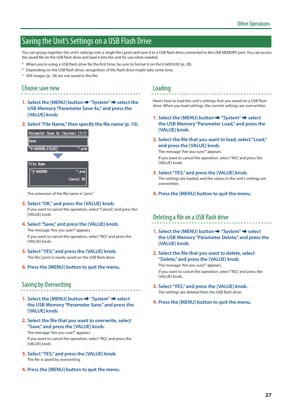 Saving the unit’s settings on a usb flash drive, Choose save new, Saving by overwriting | Loading, Deleting a file on a usb flash drive, Other operations | Roland V-600UHD 4K HDR Multi-Format Video Switcher User Manual | Page 27 / 56