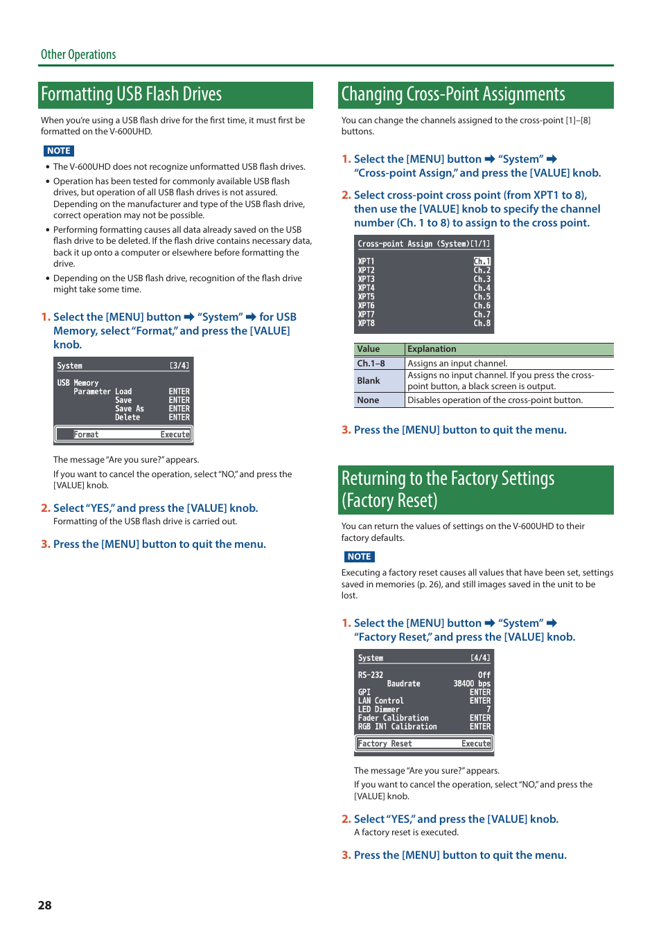 Formatting usb flash drives, Changing cross-point assignments, Returning to the factory settings (factory reset) | T (p. 28) also changes the or, 600uhd (p. 28), Other operations | Roland V-600UHD 4K HDR Multi-Format Video Switcher User Manual | Page 28 / 56