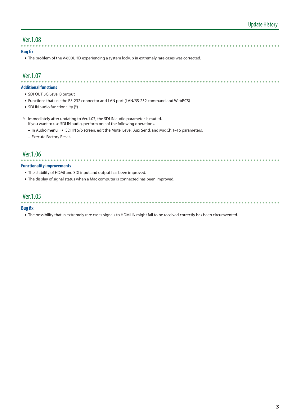 Ver.1.08, Ver.1.07, Ver.1.06 | Ver.1.05, Update history | Roland V-600UHD 4K HDR Multi-Format Video Switcher User Manual | Page 3 / 56