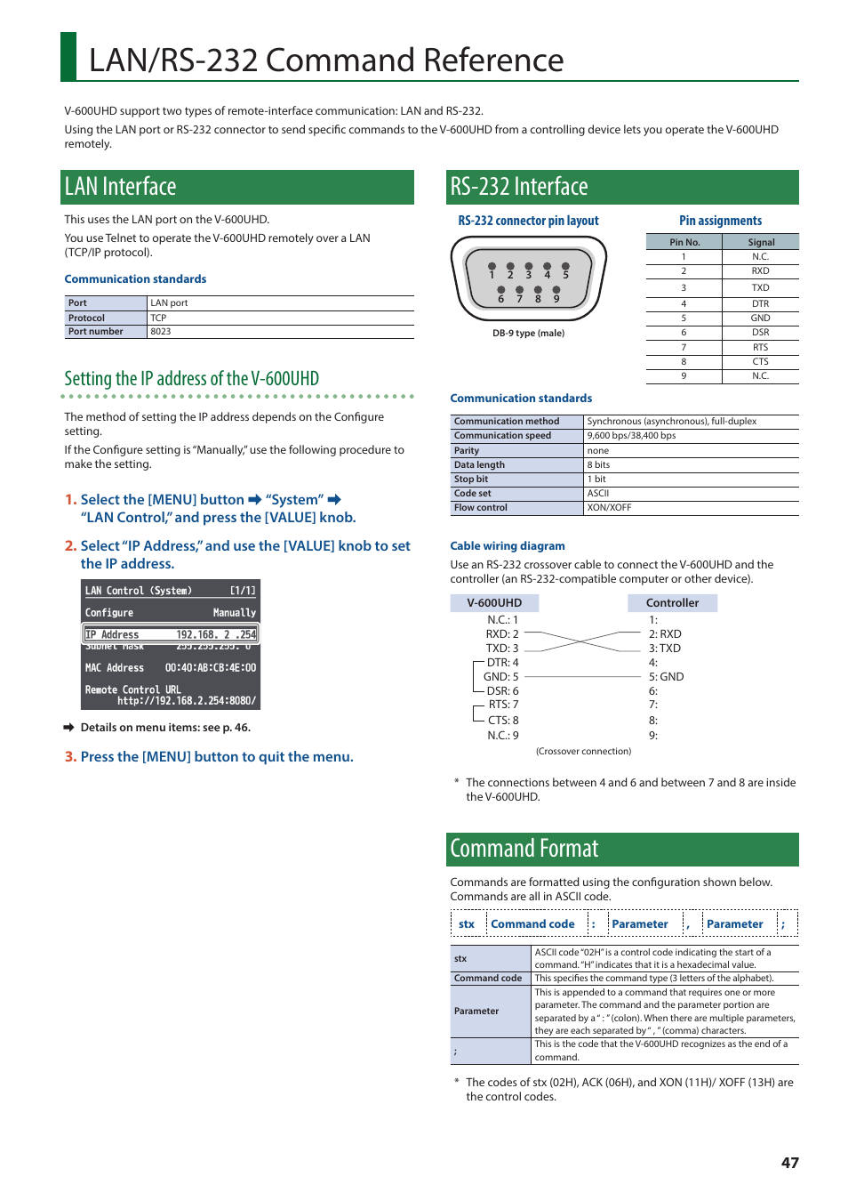 Lan/rs-232 command reference, Lan interface, Rs-232 interface | Command format, Setting the ip address of the v-600uhd | Roland V-600UHD 4K HDR Multi-Format Video Switcher User Manual | Page 47 / 56