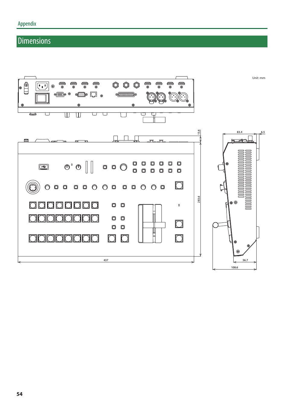 Dimensions, Appendix | Roland V-600UHD 4K HDR Multi-Format Video Switcher User Manual | Page 54 / 56