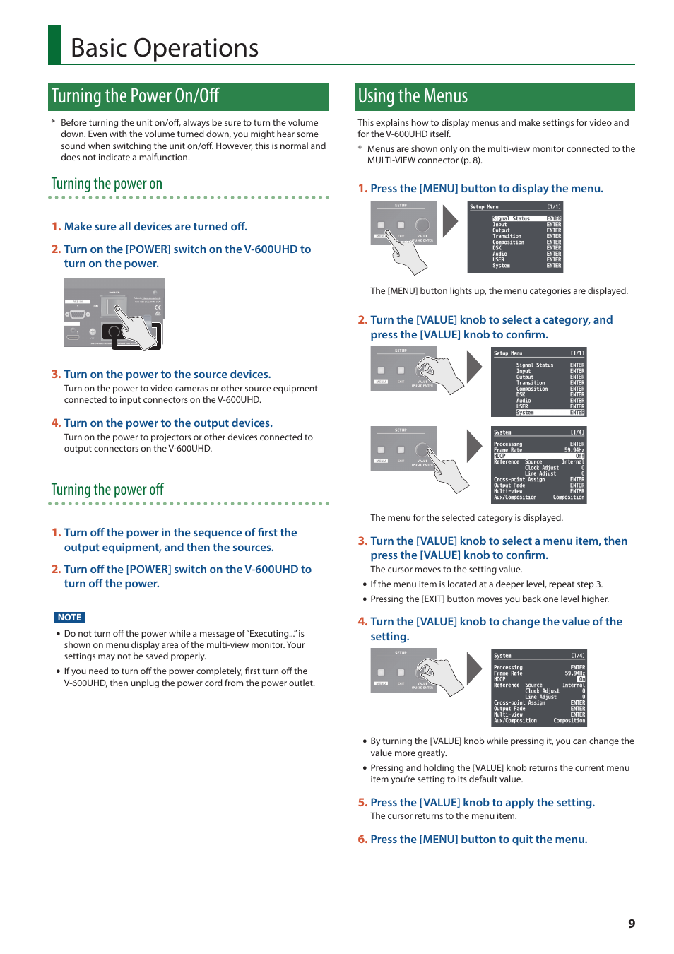 Basic operations, Turning the power on/off, Using the menus | View (p. 9), Turning the power on, Turning the power off | Roland V-600UHD 4K HDR Multi-Format Video Switcher User Manual | Page 9 / 56