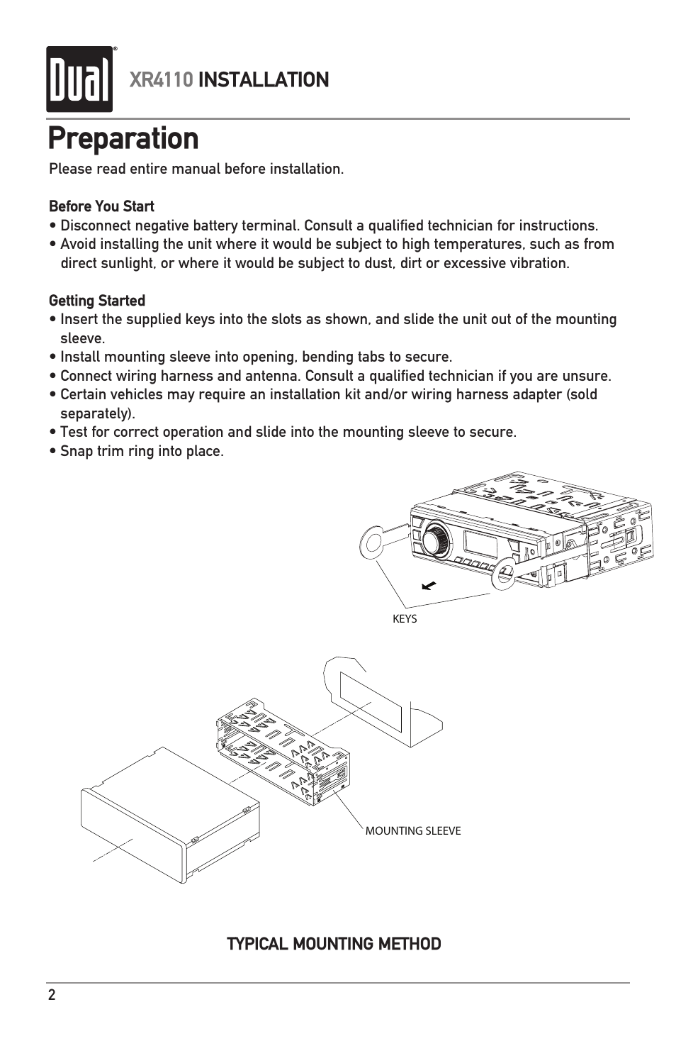 Preparation, Xr4110 installation | Dual XR4110 User Manual | Page 2 / 12