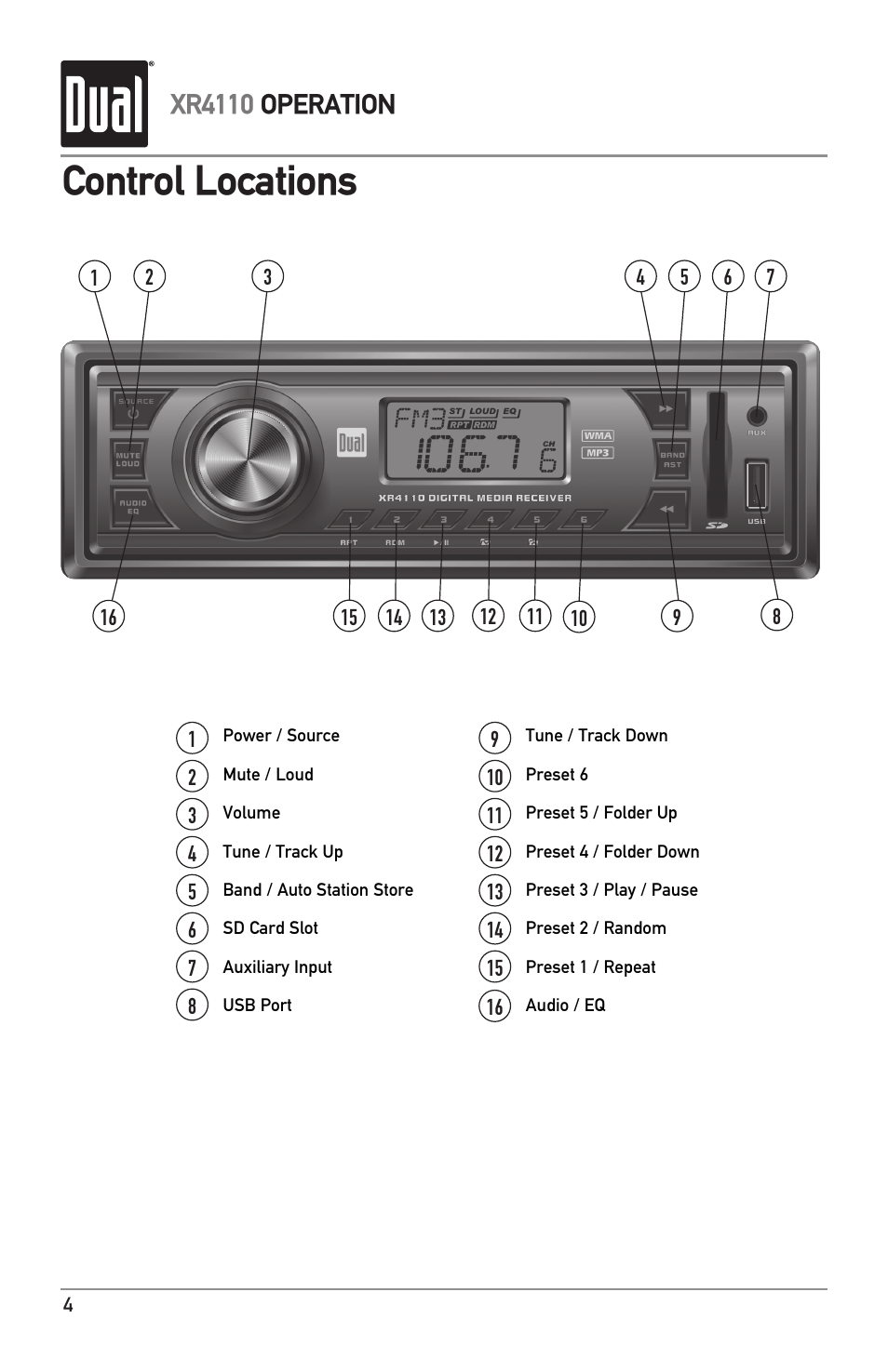 Control locations, Xr4110 operation | Dual XR4110 User Manual | Page 4 / 12