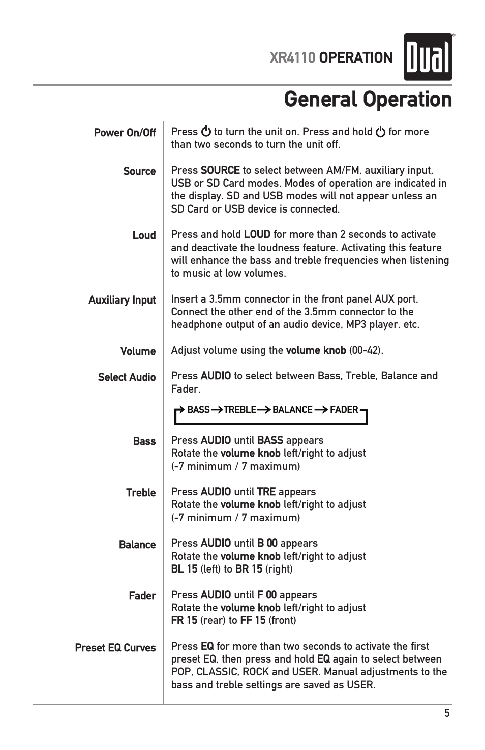 General operation, Xr4110 operation | Dual XR4110 User Manual | Page 5 / 12