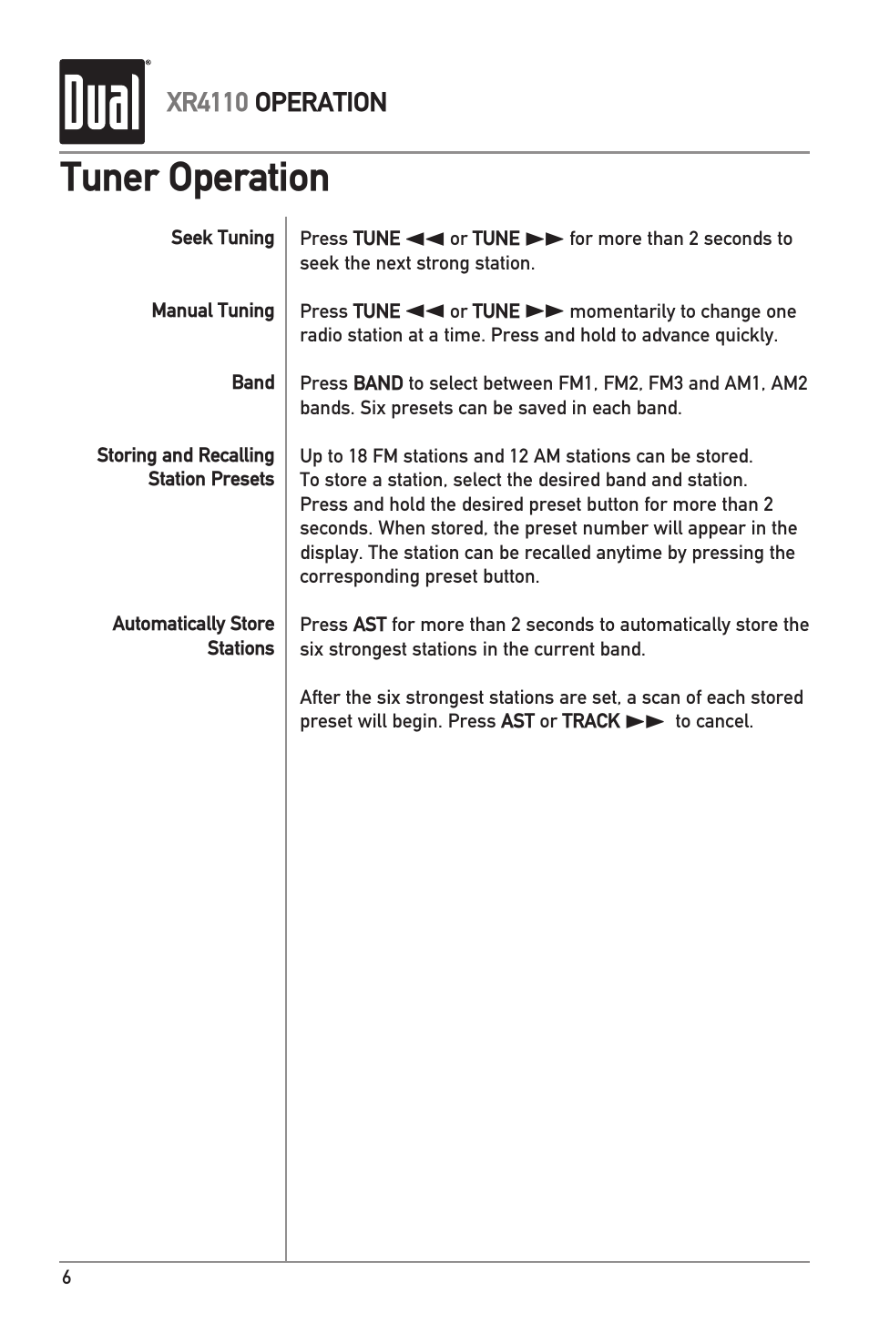 Tuner operation | Dual XR4110 User Manual | Page 6 / 12