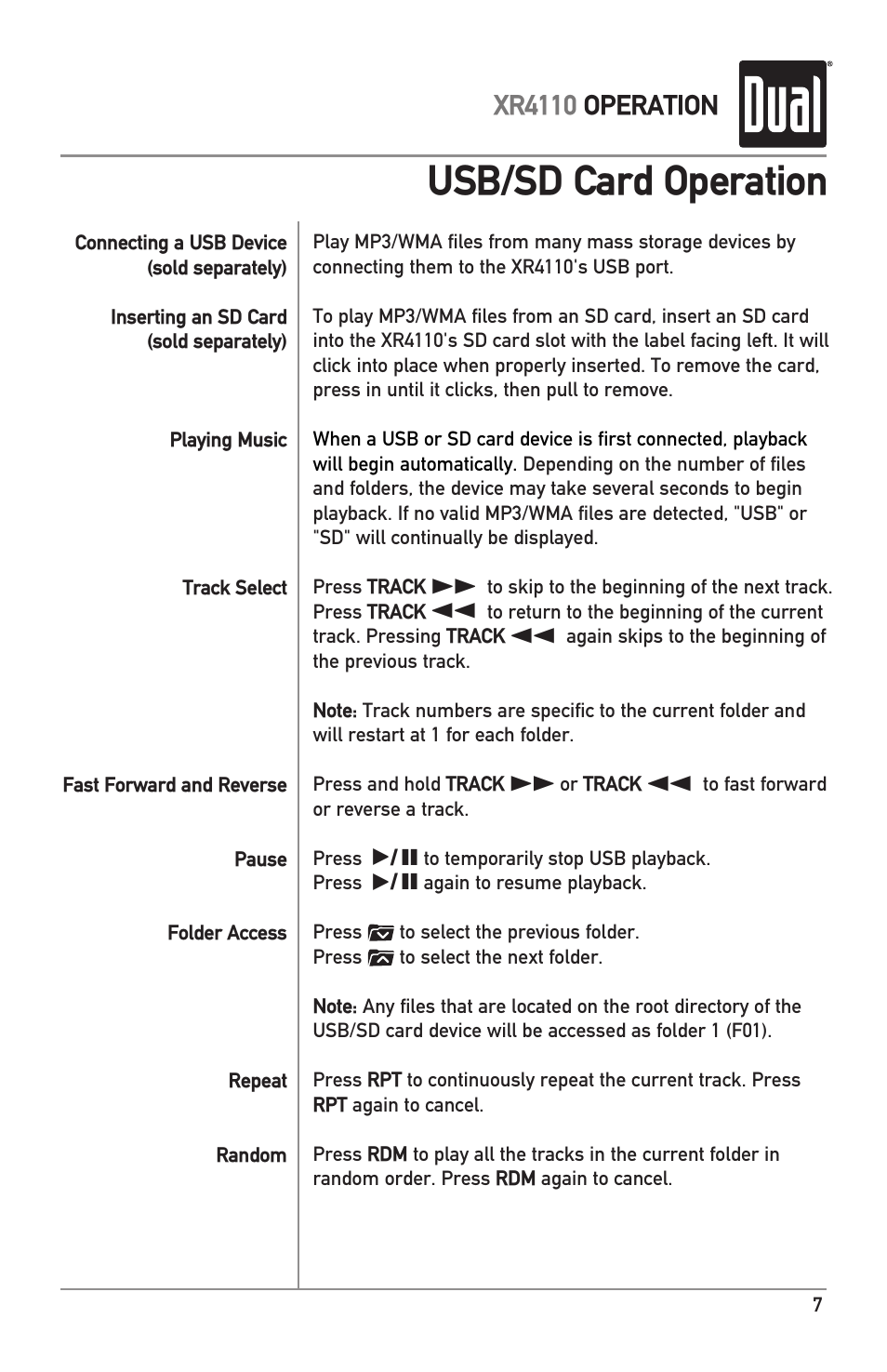 Usb/sd card operation | Dual XR4110 User Manual | Page 7 / 12