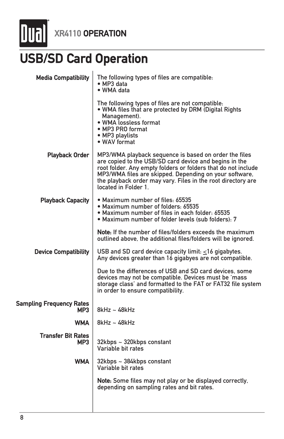 Usb/sd card operation, Xr4110 operation | Dual XR4110 User Manual | Page 8 / 12