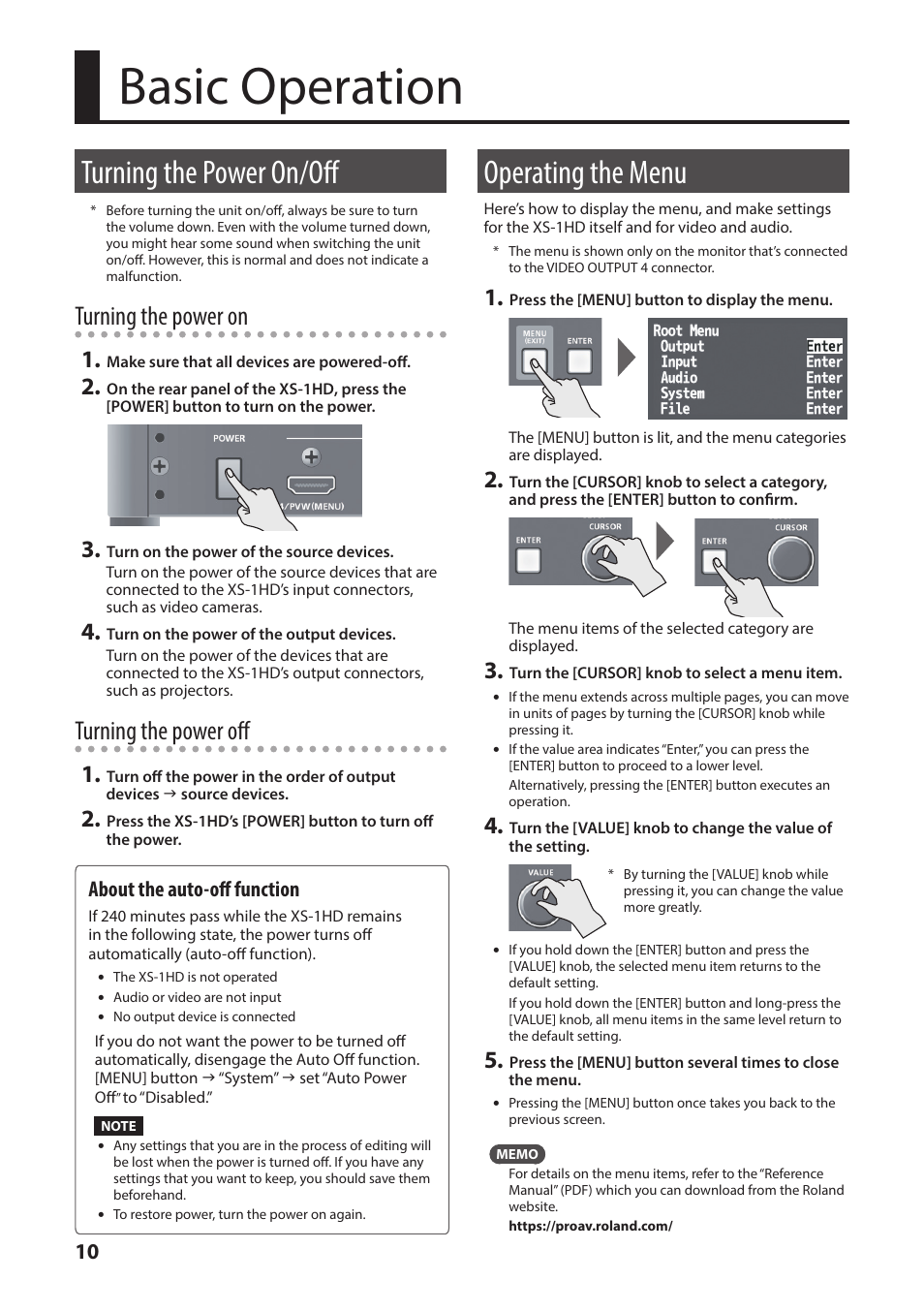 Basic operation, Turning the power on/off, Operating the menu | P. 10, Or (p. 10), Turning the power on, Turning the power off, About the auto-off function | Roland XS-1HD Multi-Format Matrix Switcher User Manual | Page 10 / 32