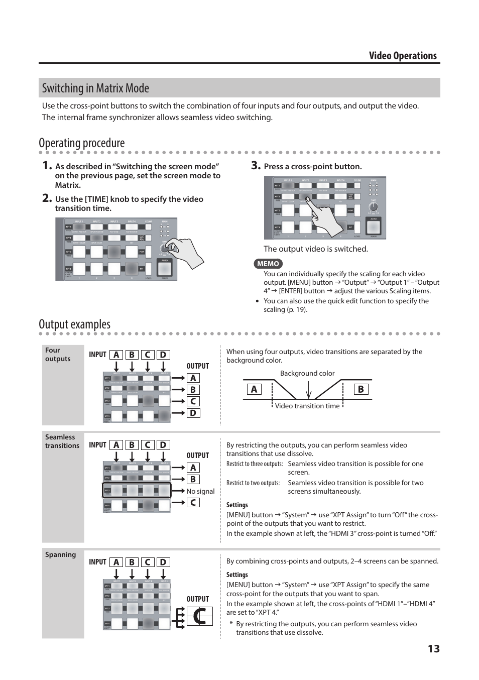 Switching in matrix mode, P. 13, Trix mode (p. 13 | Output examples, Operating procedure, 13 video operations | Roland XS-1HD Multi-Format Matrix Switcher User Manual | Page 13 / 32