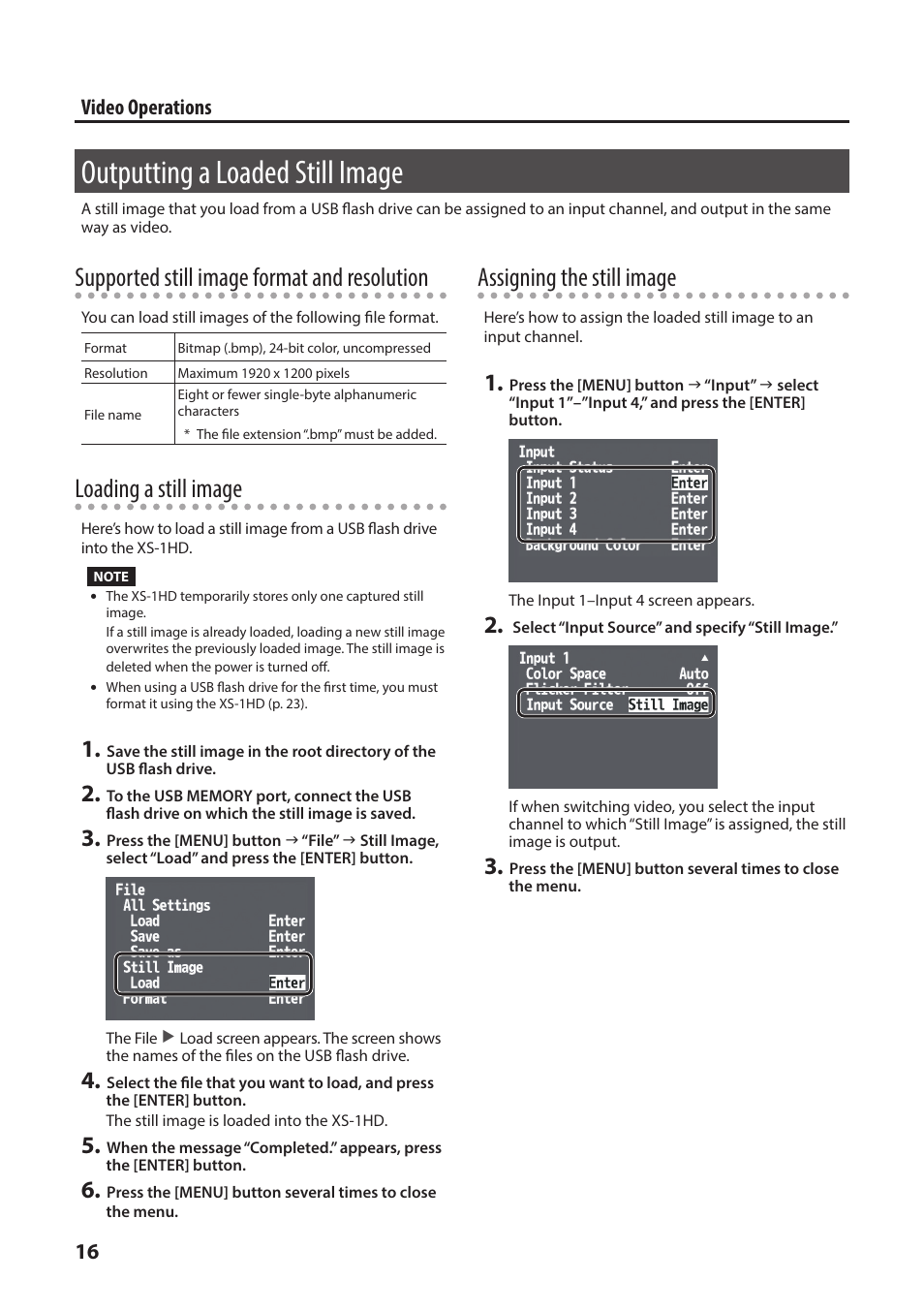 Outputting a loaded still image, P. 16, Supported still image format and resolution | Loading a still image, Assigning the still image, 16 video operations | Roland XS-1HD Multi-Format Matrix Switcher User Manual | Page 16 / 32