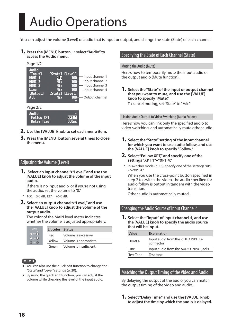 Audio operations, Adjusting the volume (level), Specifying the state of each channel (state) | Muting the audio (mute), Changing the audio source of input channel 4, Matching the output timing of the video and audio, Linking audio output to video switching, Audio follow), Matching the output timing, Of the video and audio | Roland XS-1HD Multi-Format Matrix Switcher User Manual | Page 18 / 32