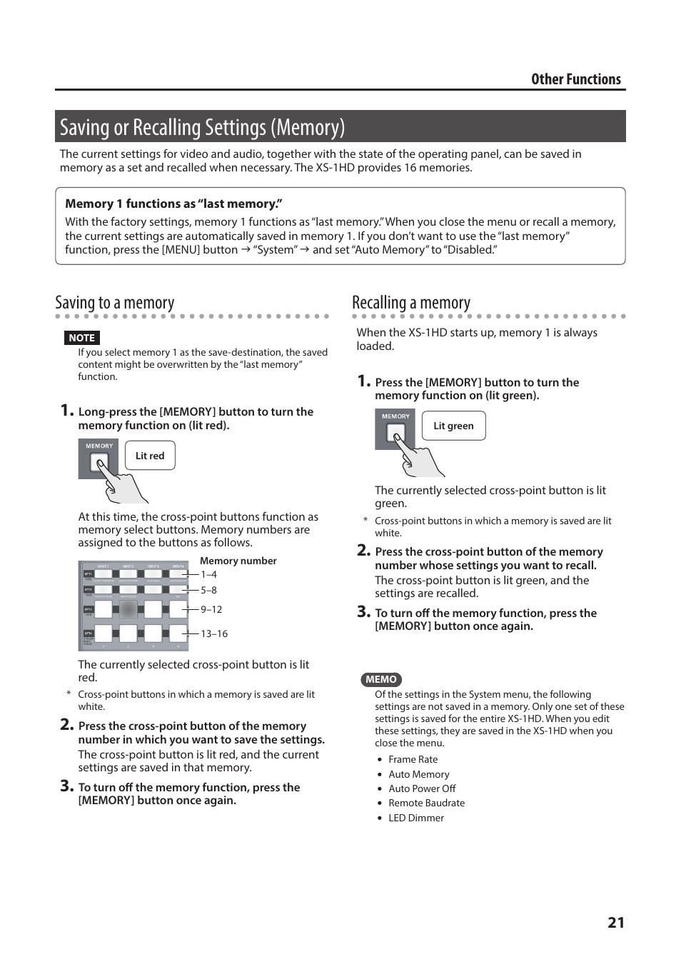 Saving or recalling settings (memory), P. 21, 21 other functions | Roland XS-1HD Multi-Format Matrix Switcher User Manual | Page 21 / 32