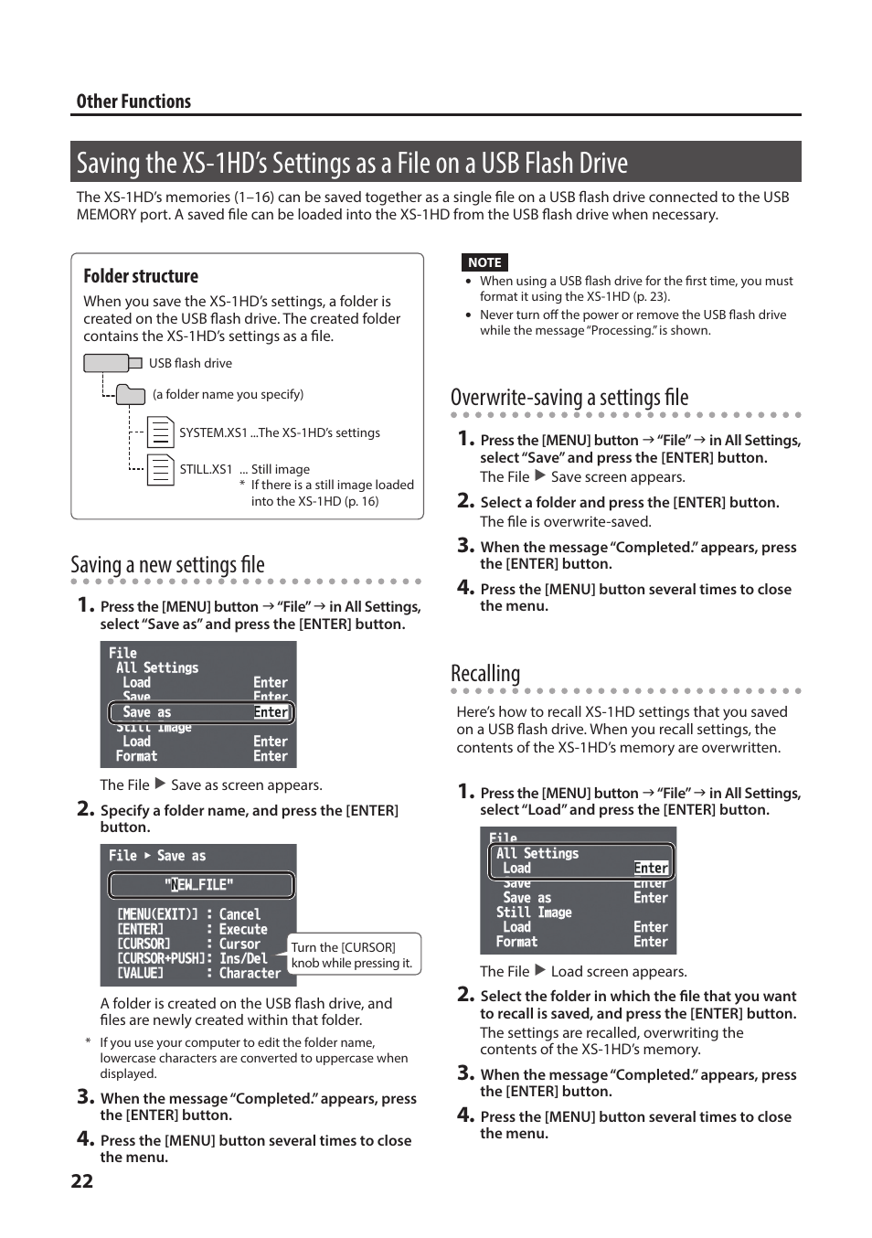 Saving the xs-1hd’s settings, As a file on a usb flash drive, Saving a new settings file | Overwrite-saving a settings file, Recalling, 22 other functions, Folder structure | Roland XS-1HD Multi-Format Matrix Switcher User Manual | Page 22 / 32