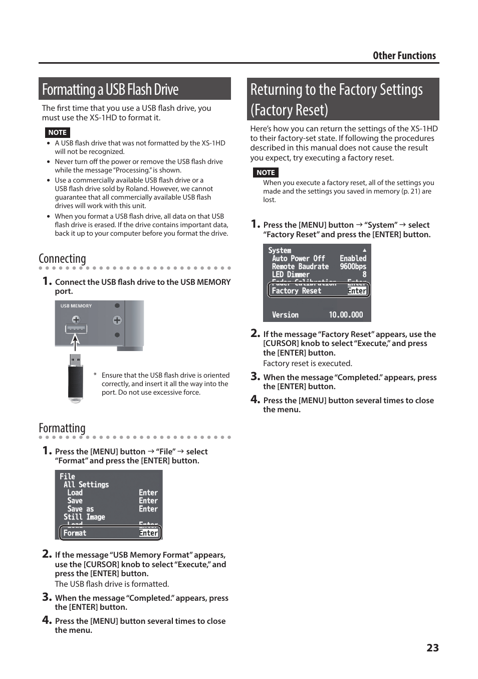 Formatting a usb flash drive, Returning to the factory settings (factory reset), Returning to the factory settings | Factory reset), P. 23, Connecting, Formatting, 23 other functions | Roland XS-1HD Multi-Format Matrix Switcher User Manual | Page 23 / 32