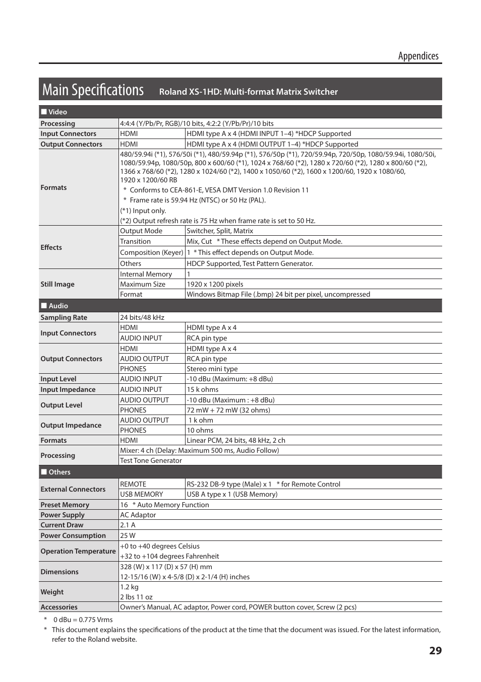 Main specifications, 29 appendices, Roland xs-1hd: multi-format matrix switcher | Roland XS-1HD Multi-Format Matrix Switcher User Manual | Page 29 / 32