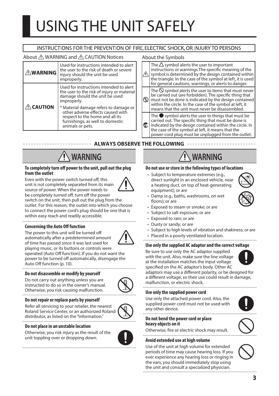 Using the unit safely, Ead“using the, Unit safely” (p. 3) and | Warning | Roland XS-1HD Multi-Format Matrix Switcher User Manual | Page 3 / 32