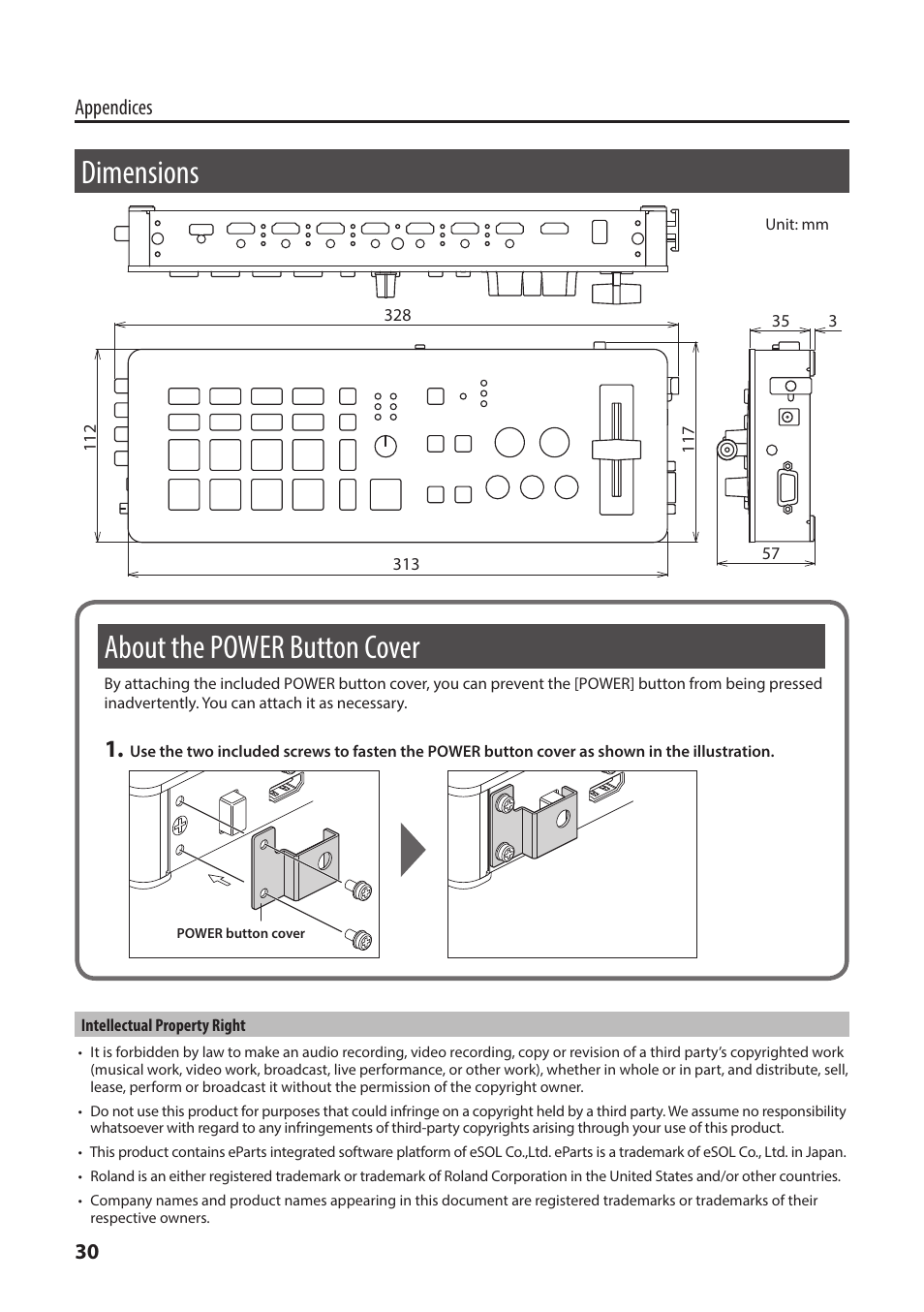 Dimensions, About the power button cover, On (p. 30 | On (p. 30), 30 appendices | Roland XS-1HD Multi-Format Matrix Switcher User Manual | Page 30 / 32