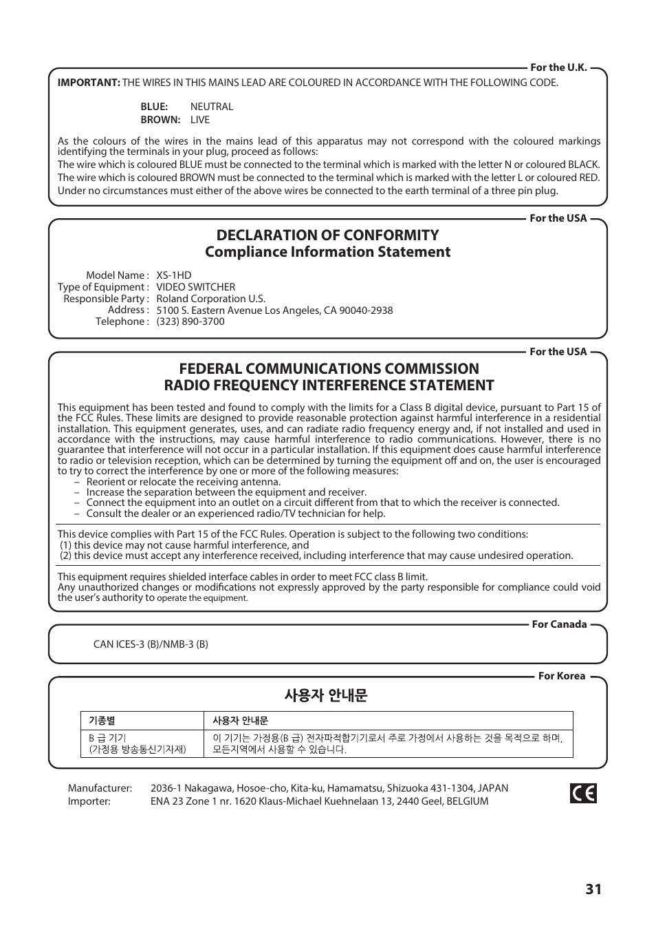 Roland XS-1HD Multi-Format Matrix Switcher User Manual | Page 31 / 32