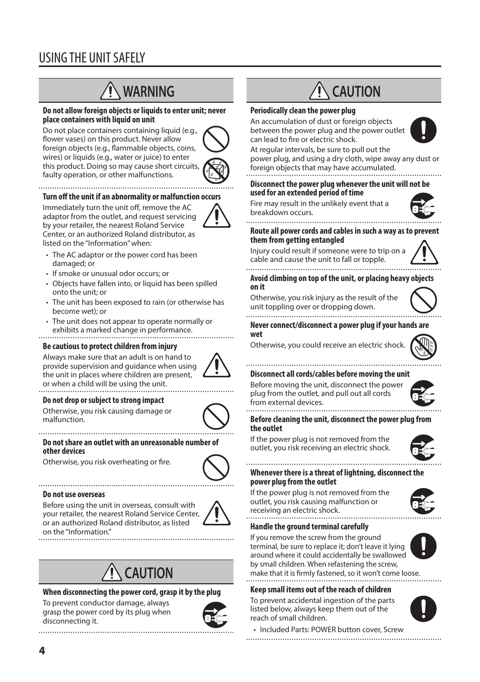 Warning, Caution, Using the unit safely | Roland XS-1HD Multi-Format Matrix Switcher User Manual | Page 4 / 32