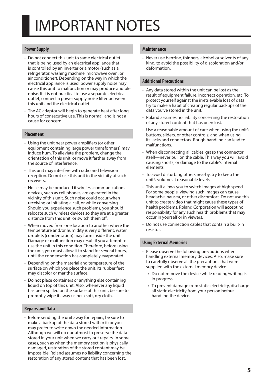 Important notes, Important notes” (p. 5) | Roland XS-1HD Multi-Format Matrix Switcher User Manual | Page 5 / 32