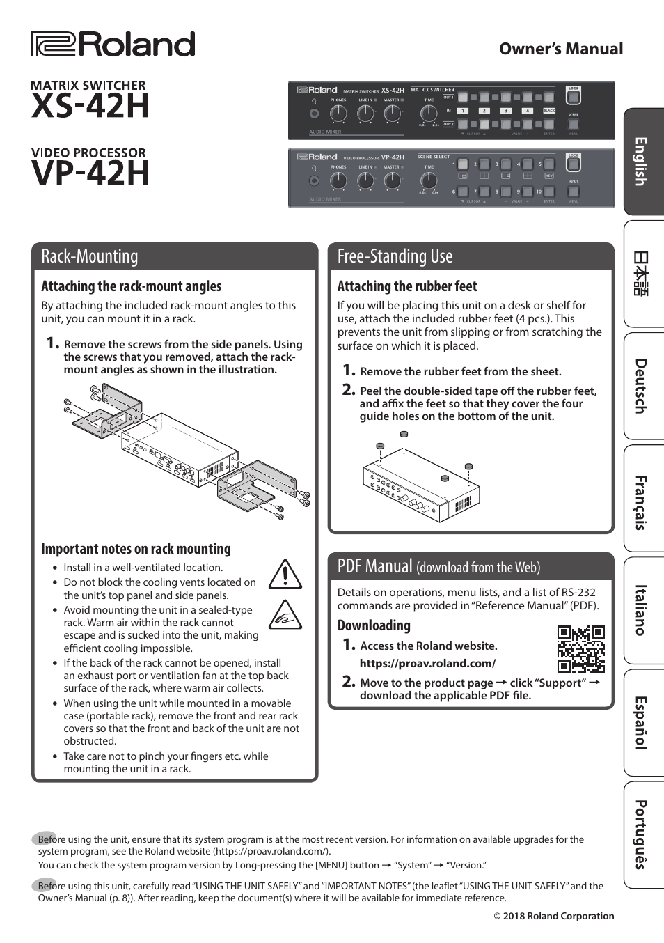 Roland XS-42H Matrix Switcher 4 x 2 HDMI User Manual | 8 pages