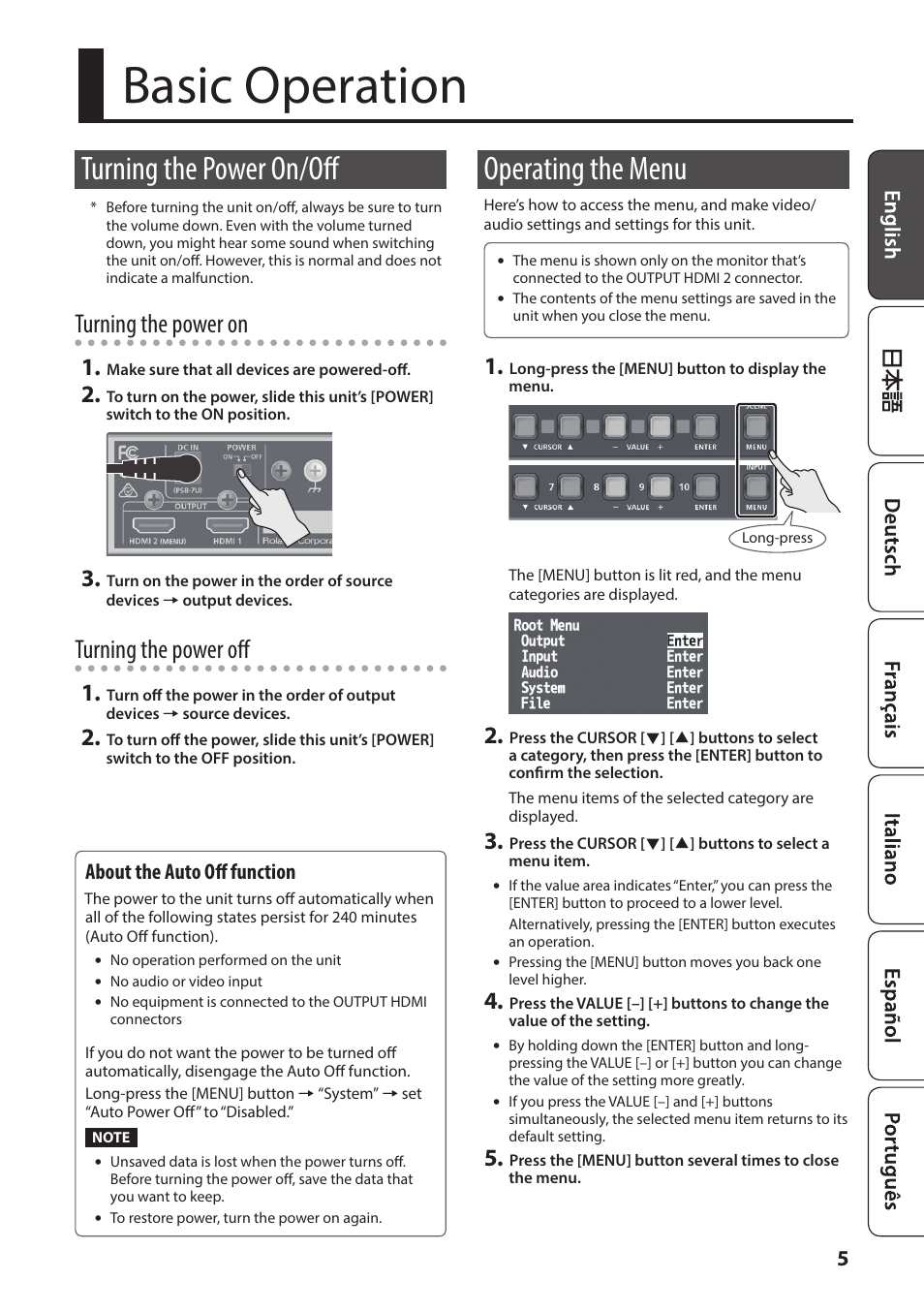 Basic operation, Turning the power on/off, Operating the menu | Or (p. 5), Turning the power on, Turning the power off, About the auto off function | Roland XS-42H Matrix Switcher 4 x 2 HDMI User Manual | Page 5 / 8