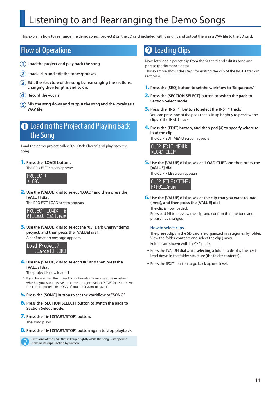 Listening to and rearranging the demo songs, Listening to and rearranging the demo, Songs | Flow of operations, Loading the project and playing back the song, Loading clips | Roland VERSELAB MV1 Music Production Workstation User Manual | Page 11 / 48