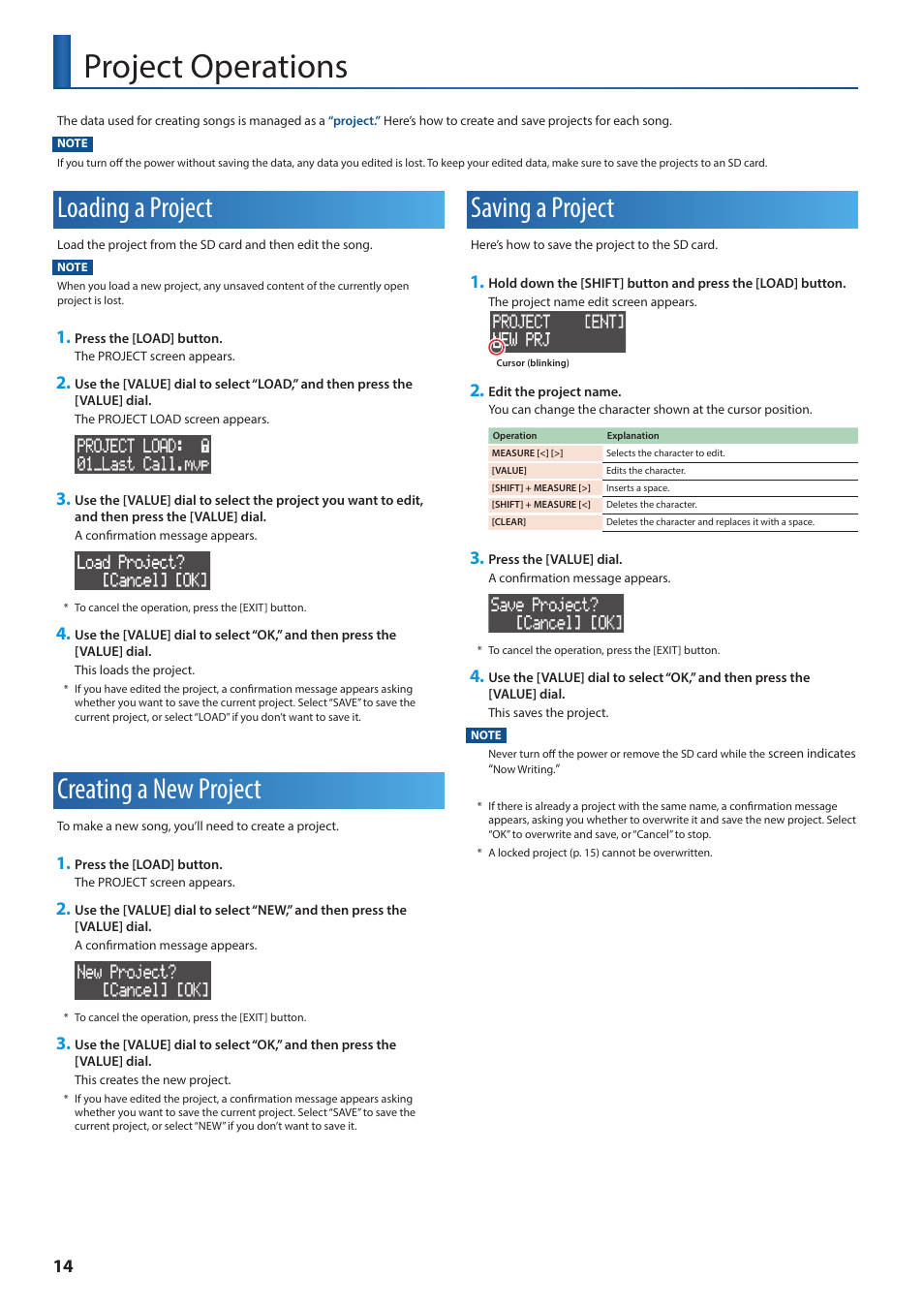 Project operations, Loading a project, Creating a new project | Saving a project, T (p. 14), P. 14) | Roland VERSELAB MV1 Music Production Workstation User Manual | Page 14 / 48