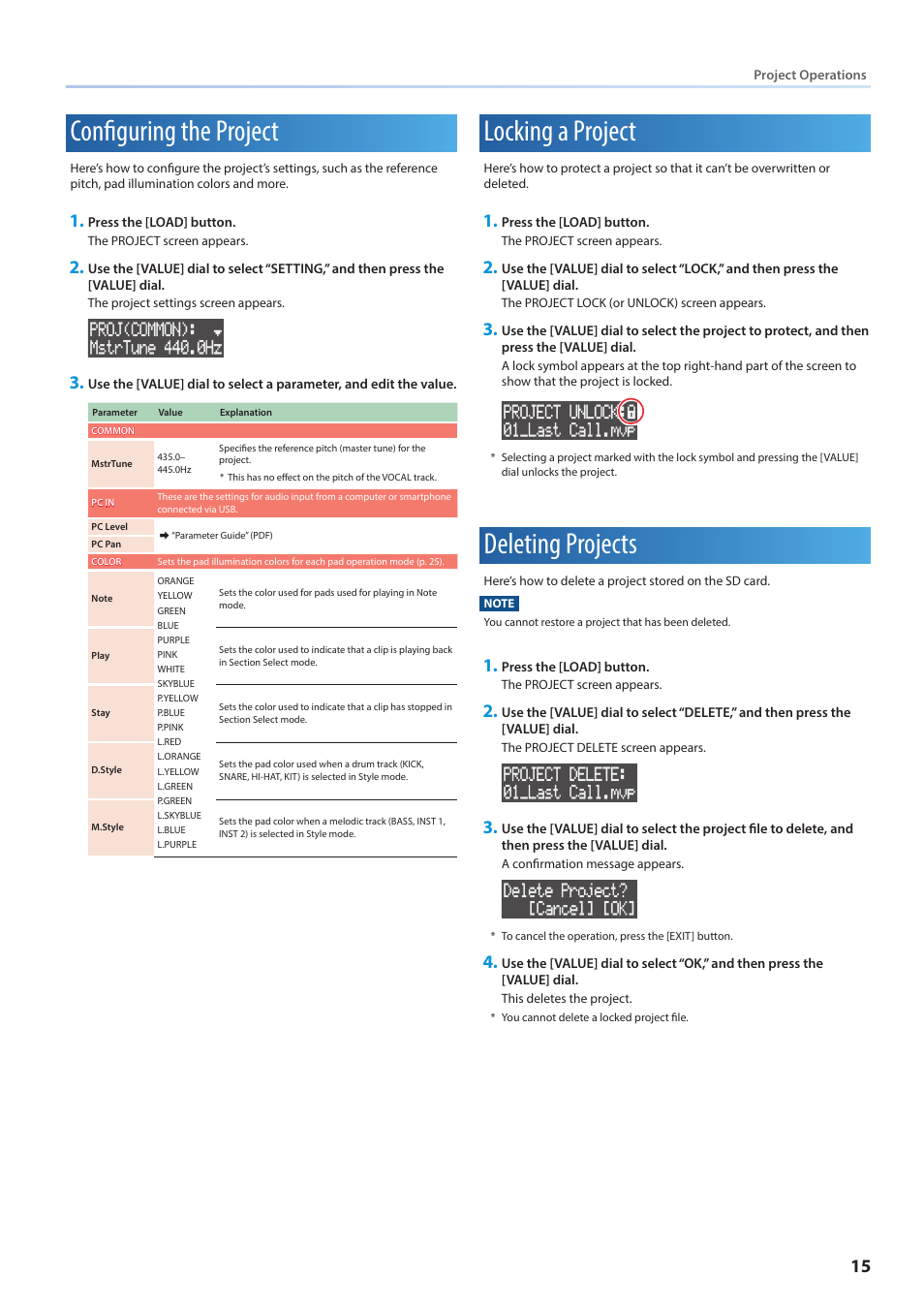 Configuring the project, Locking a project, Deleting projects | Roland VERSELAB MV1 Music Production Workstation User Manual | Page 15 / 48