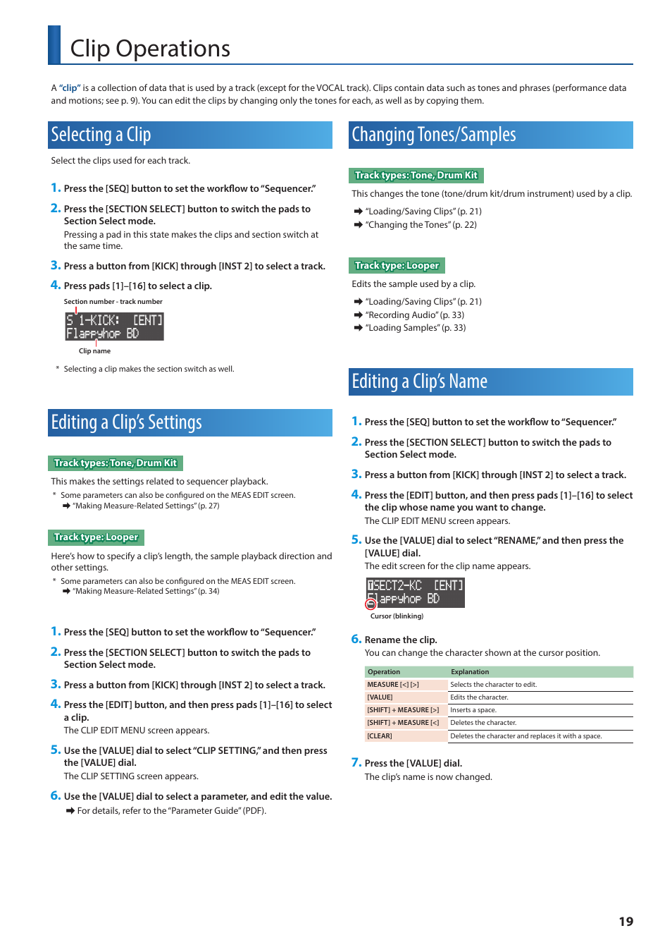 Clip operations, Selecting a clip, Editing a clip’s settings | Changing tones/samples, Editing a clip’s name | Roland VERSELAB MV1 Music Production Workstation User Manual | Page 19 / 48